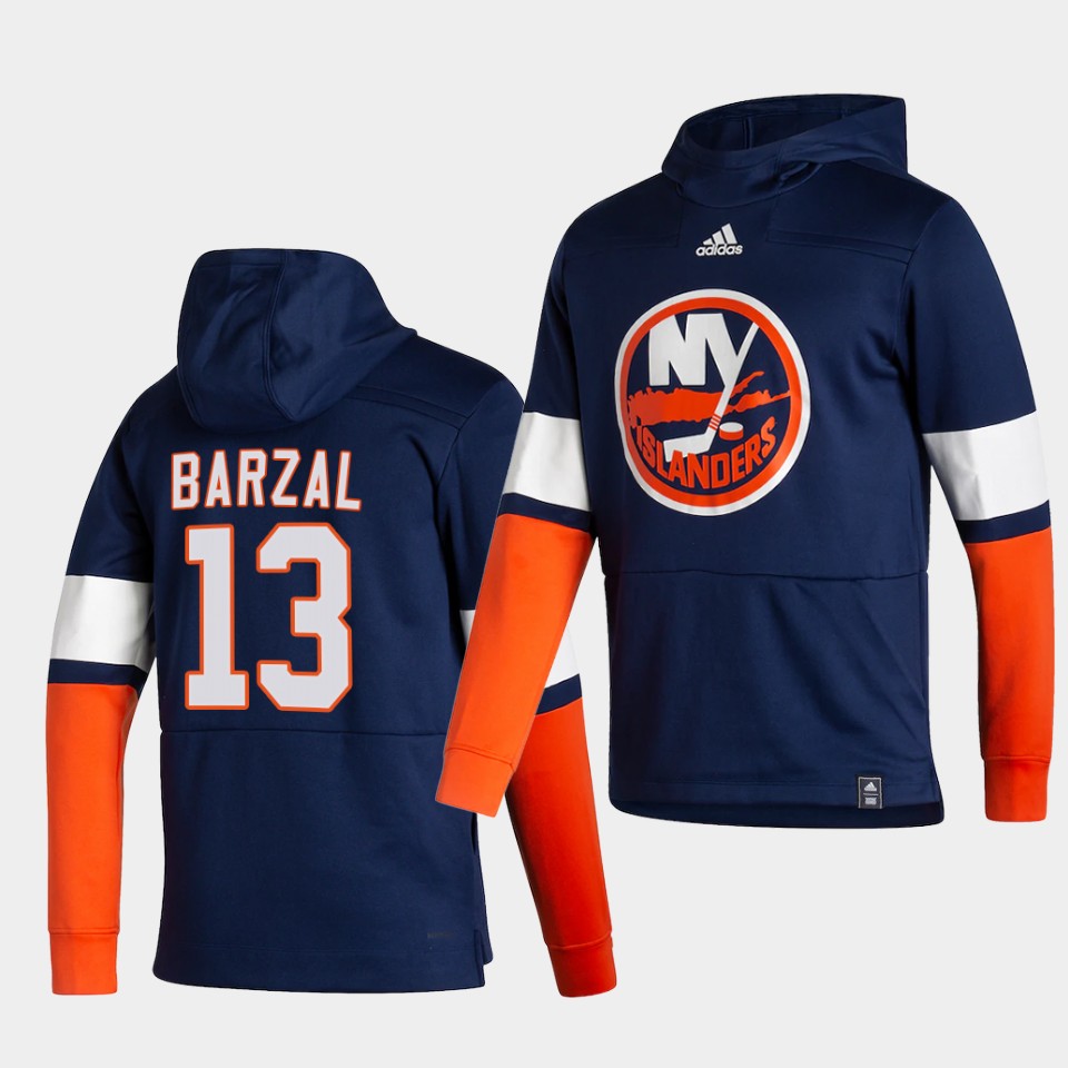 Men New York Islanders 13 Barzal Blue NHL 2021 Adidas Pullover Hoodie Jersey